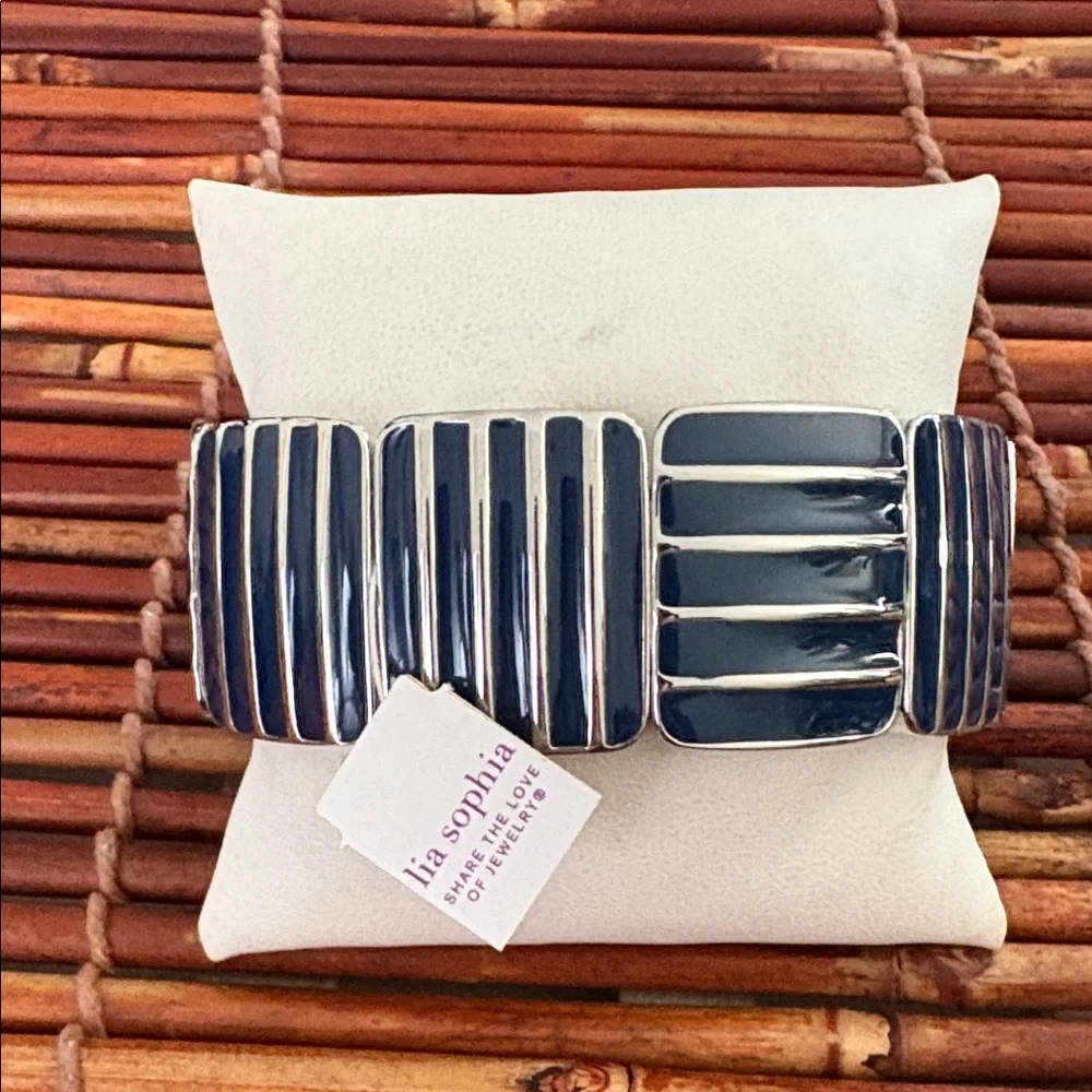 Lia Sophia Navy Blue and Silver Striped Stretchy Bracelet NWT